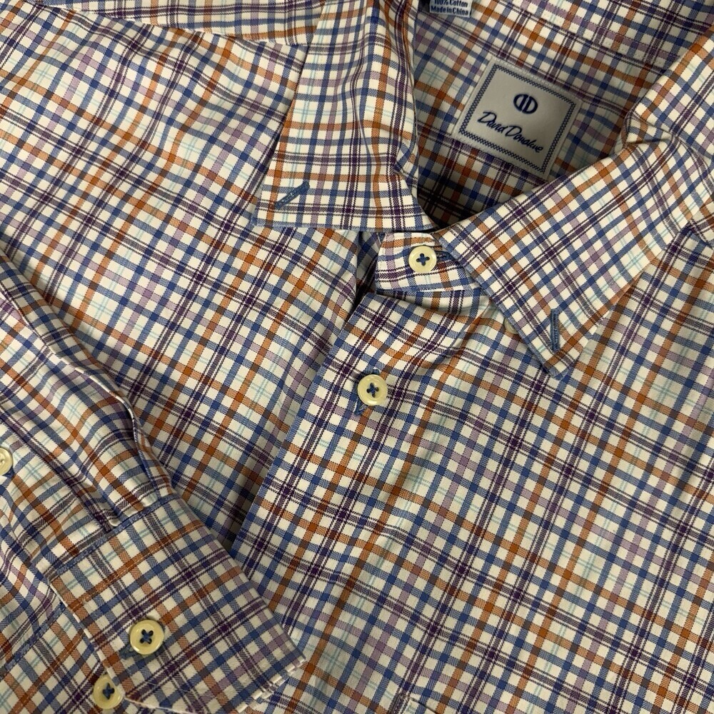 David Donahue Dress Shirt Mens Poplin Blue Orange Plaid Corpcore‎ XL Cotton